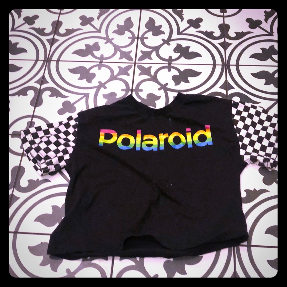 Black Polaroid half crop t shirt